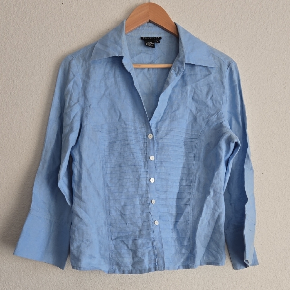 Tracy M. 100% Linen Button Down Light Blue Shirt 3/4 Sleeves Size L